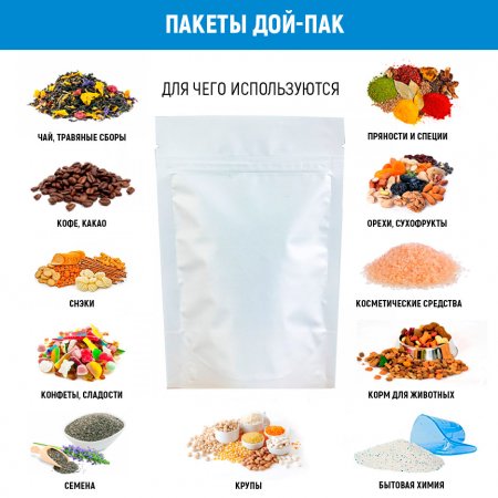 Пакет Дой-Пак 10,5×15(+3)см, Металл/PET/БОПП (белый матовый)