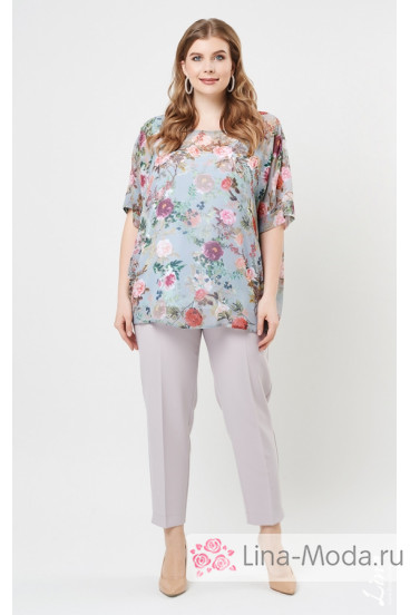 Блуза "Лина" 4144 (Цветы на сером)
